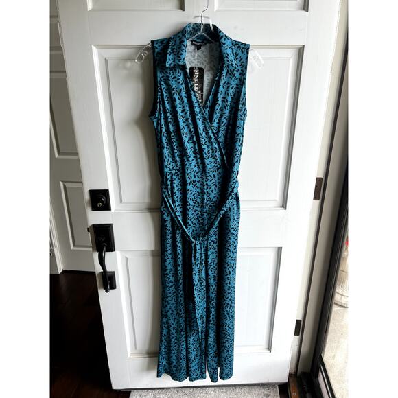 Nina Leonard blue botanical wrap collar jumpsuit size M - Picture 2 of 4